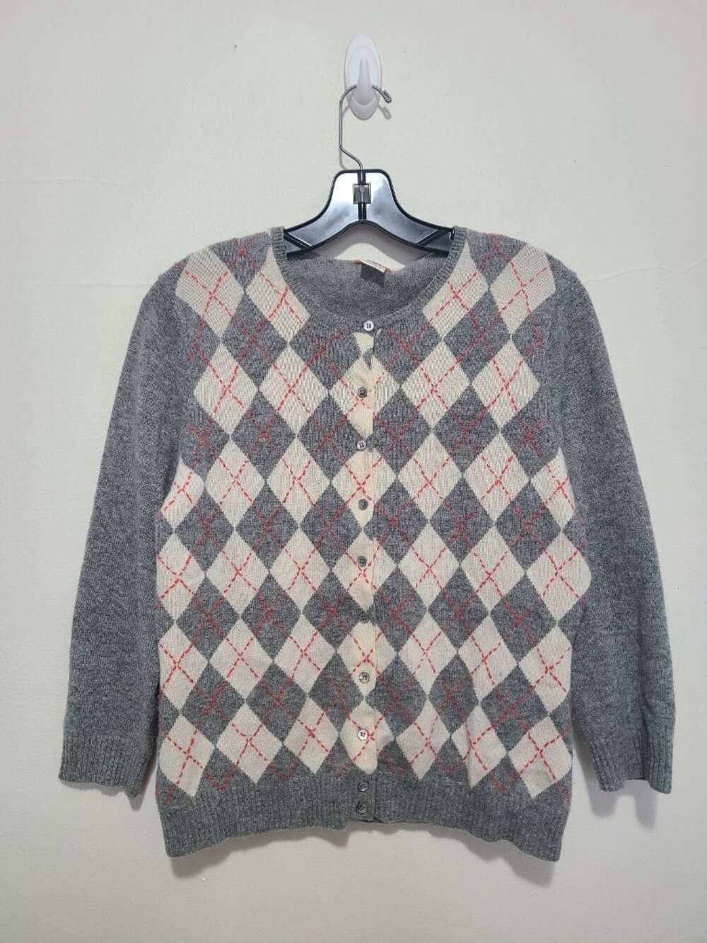 J.Crew 100% Cashmere Cardigan Gray Argyle Academia Women’s L